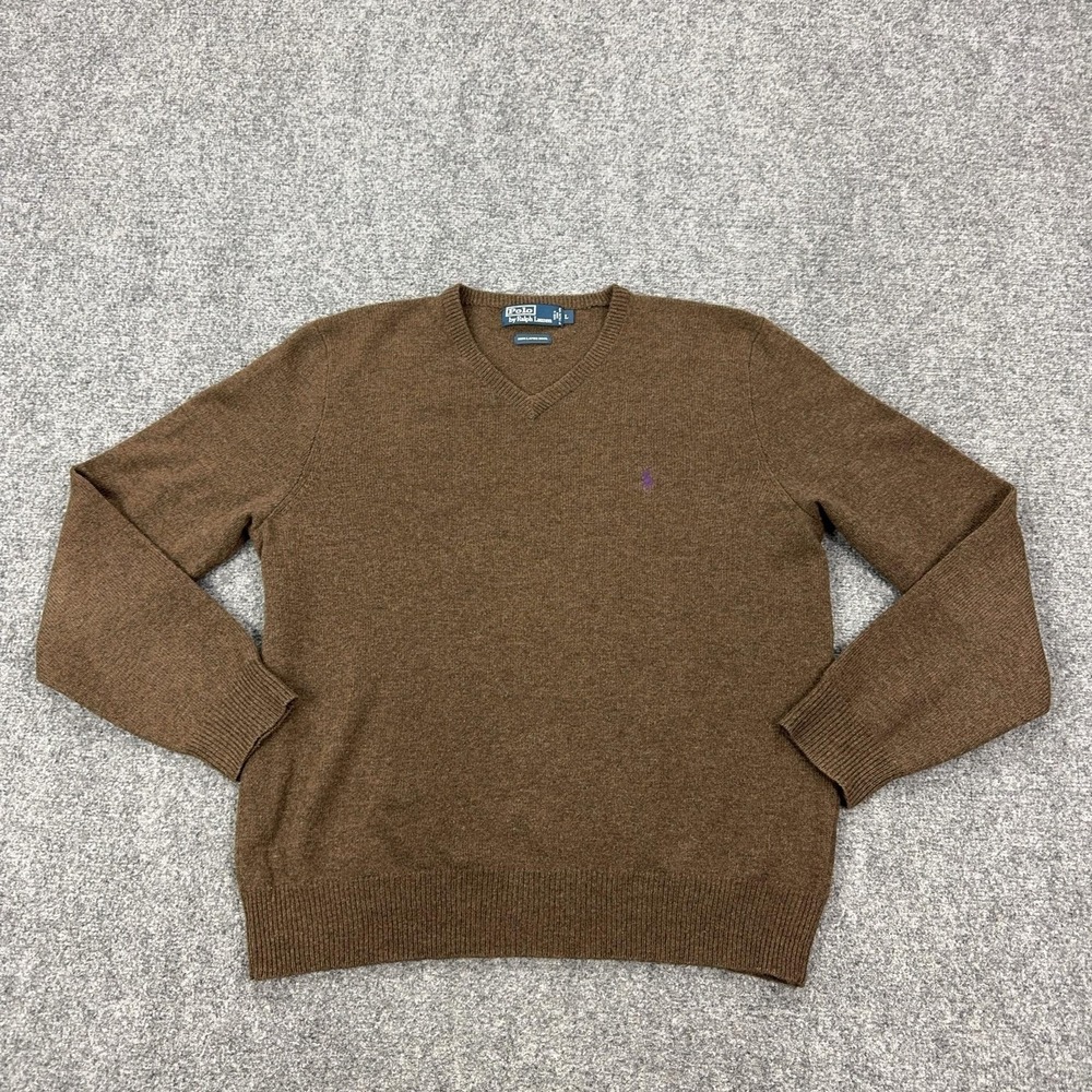 VTG Polo By Ralph Lauren Sweater Mens Large Brown V Neck Lambswool Knit Pullover